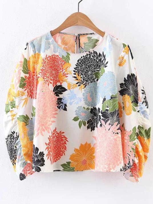 Shein Chrysanthemum Print Gathered Sleeve Keyhole Back Blouse