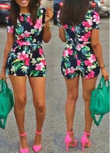Rosewe Flower Print Round Neck Short Sleeve Polyester Mini Romper