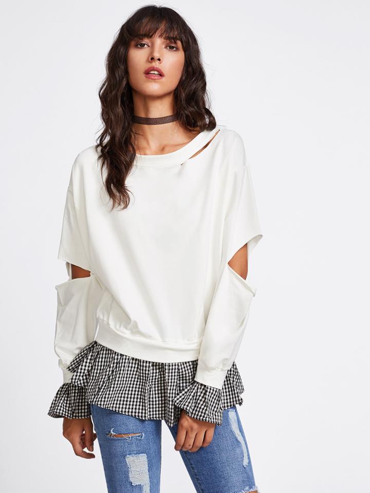 Shein Cut Out Contrast Checked Frill Hem Sweatshirt