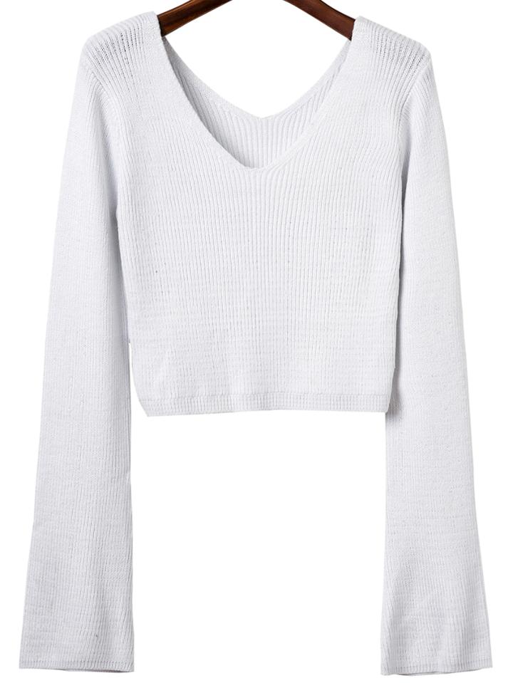 Shein White Double V Back Ribbed Knit Sweater