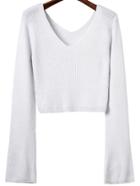 Shein White Double V Back Ribbed Knit Sweater
