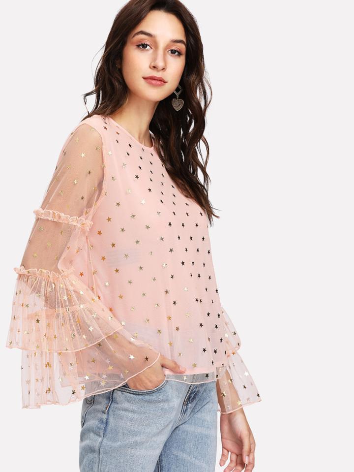 Shein Gold Star Mesh Overlay Ruffle Sleeve Top