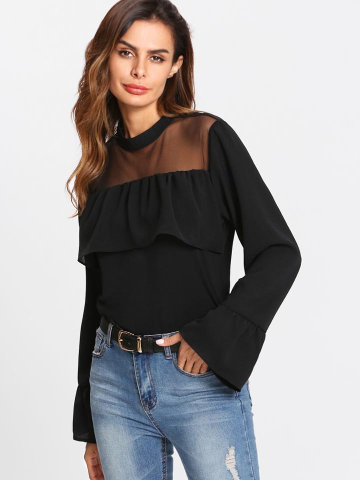Shein Mesh Panel Flounce Trim Blouse