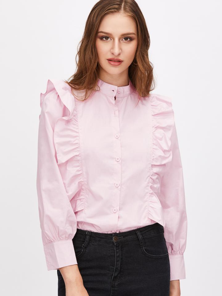 Shein Pink Ruffle Trim Button Shirt