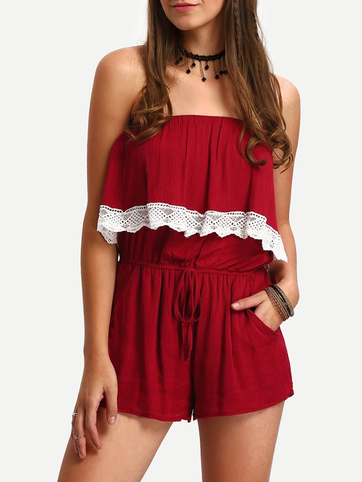 Shein Lace Trimmed Ruffled Belted Strapless Red Jumpsuit