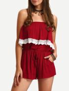 Shein Lace Trimmed Ruffled Belted Strapless Red Jumpsuit