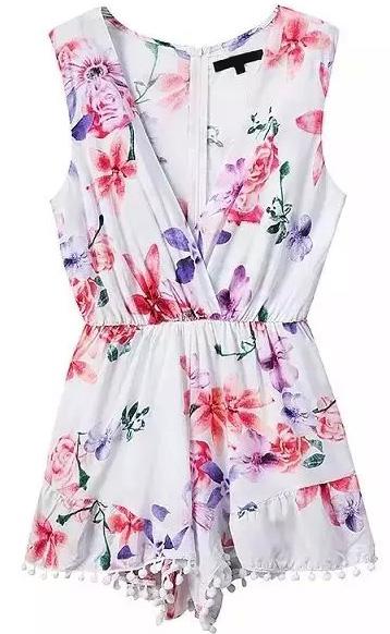 Shein Deep V Neck Florals Embellished Hem Romper