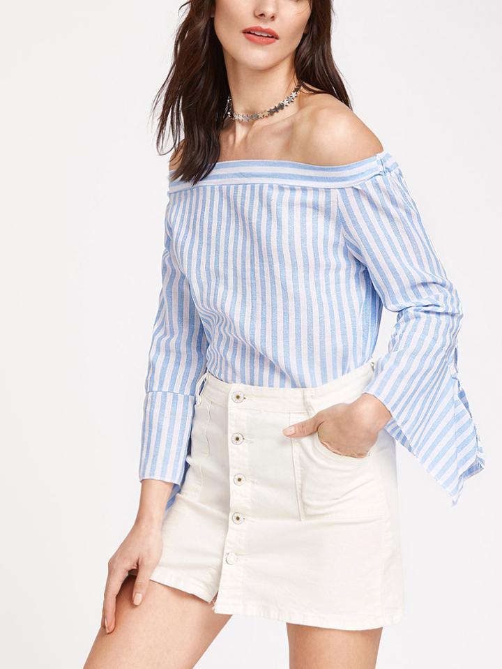Shein Contrast Striped Off The Shoulder Split Sleeve Top