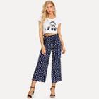 Shein Girl Print Crop Top & Polka Dot Pants