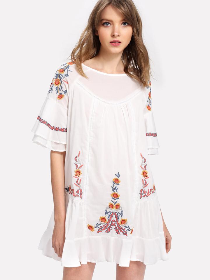 Shein Flounce Sleeve Ruffle Hem Embroidered Dress