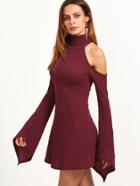 Shein Burgundy Ribbed Knit Cold Shoulder Bell Sleeve Dress