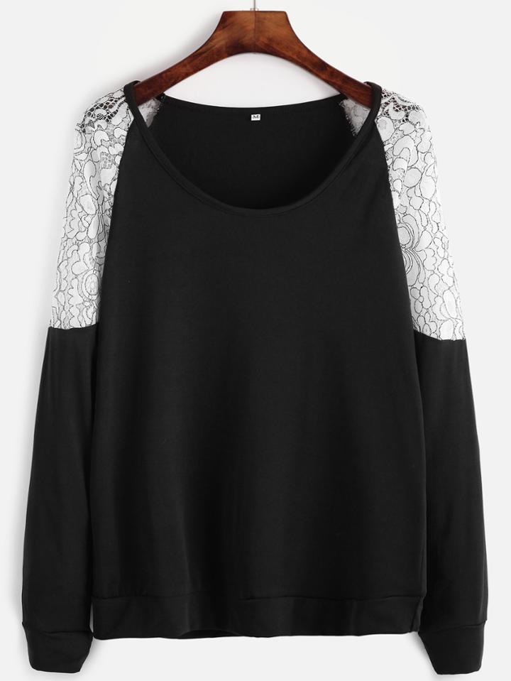 Shein Black Contrast Lace Raglan Sleeve Sweatshirt