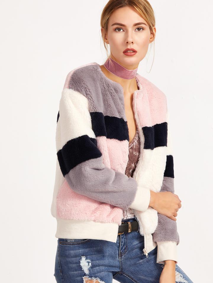 Shein Color Block Faux Fur Jacket