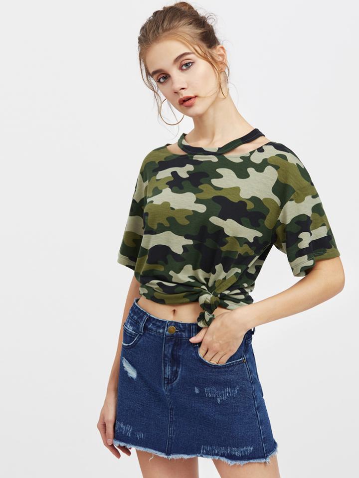 Shein Cutout Neck Drop Shoulder Camo Tee