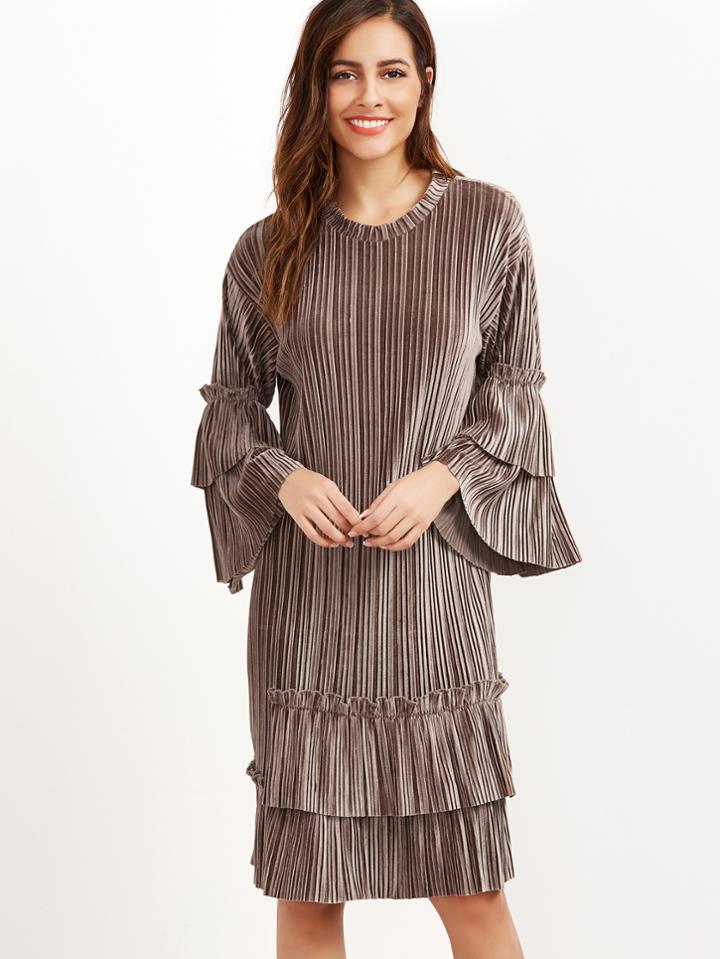 Shein Brown Tiered Bell Sleeve Ruffle Trim Pleated Velvet Dress