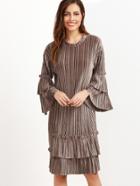 Shein Brown Tiered Bell Sleeve Ruffle Trim Pleated Velvet Dress