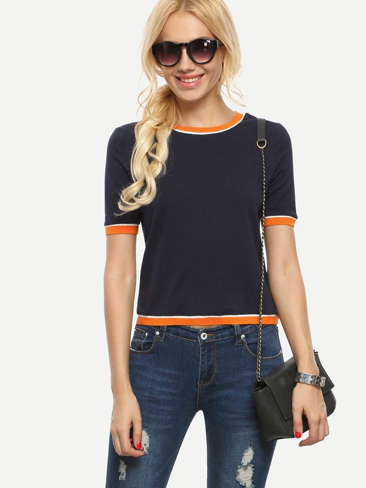 Shein Navy Round Neck Short Sleeve T-shirt