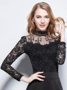 Shein Black Stand Collar Sheer Mesh Lace Blouse