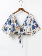 Shein Double V Neck Knot Front Crop Top