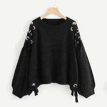 Shein Plus Lantern Sleeve Grommet Knot Jumper