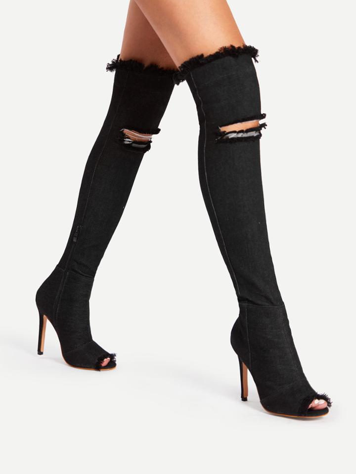 Shein Peep Toe Raw Trim Denim Thigh High Boots