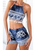 Rosewe Tassel Embellished Halter Crop Top And Printed Shorts