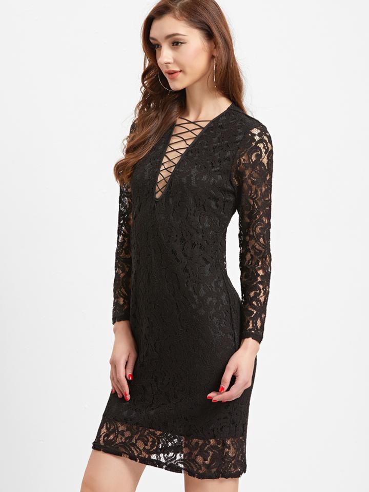 Shein Black Deep V Neck Overlay Lace Sheath Dress