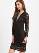 Shein Black Deep V Neck Overlay Lace Sheath Dress