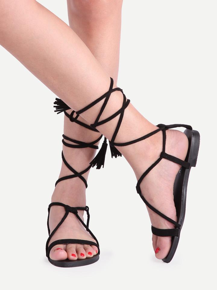 Shein Black Fringe Open Toe Lace Up Sandals