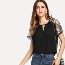 Shein Embroidered Mesh Raglan Sleeve Blouse