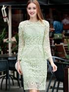 Shein Greene Round Neck Long Sleeve Lace Dress