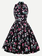 Shein Allover Cherry Print Bow Tie Neck Circle Dress