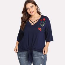 Shein Plus Crisscross V Neck Embroidery Knot Hem Tee