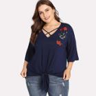 Shein Plus Crisscross V Neck Embroidery Knot Hem Tee