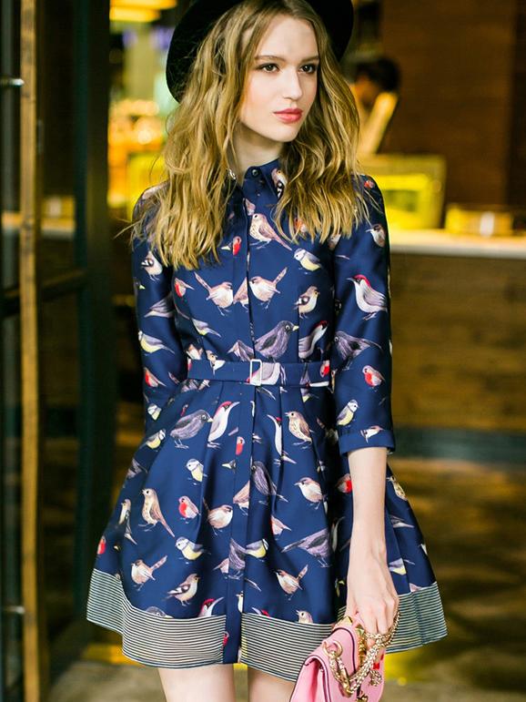 Shein Navy Lapel Length Sleeve Birds Print Drawstring Dress