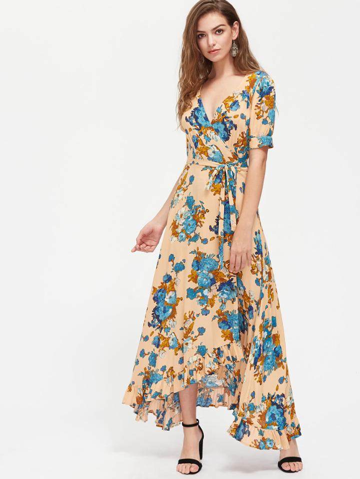 Shein Puff Sleeve Ruffle Hem Surplice Wrap Floral Dress