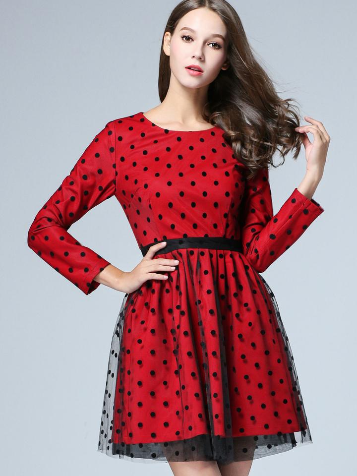 Shein Red Round Neck Long Sleeve Polka Dot Contrast Gauze Dress
