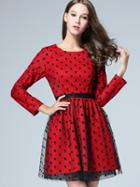 Shein Red Round Neck Long Sleeve Polka Dot Contrast Gauze Dress
