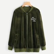 Shein Plus Letter Print Bomber Velvet Jacket