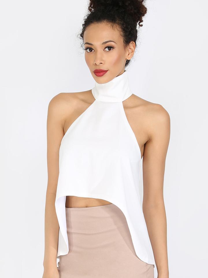 Shein White Cut Away High Neck Dip Hem Top