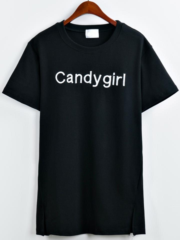 Shein Black Letter Embroidered T-shirt