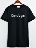Shein Black Letter Embroidered T-shirt