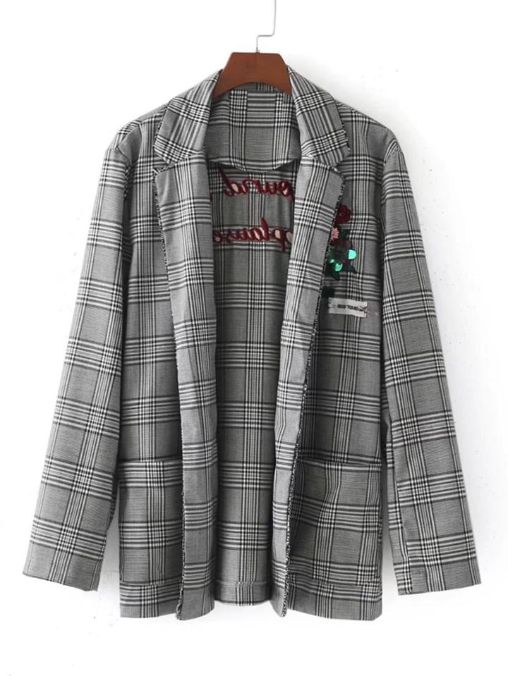 Shein Flower Applique & Slogan Embroidery Plaid Blazer
