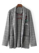 Shein Flower Applique & Slogan Embroidery Plaid Blazer
