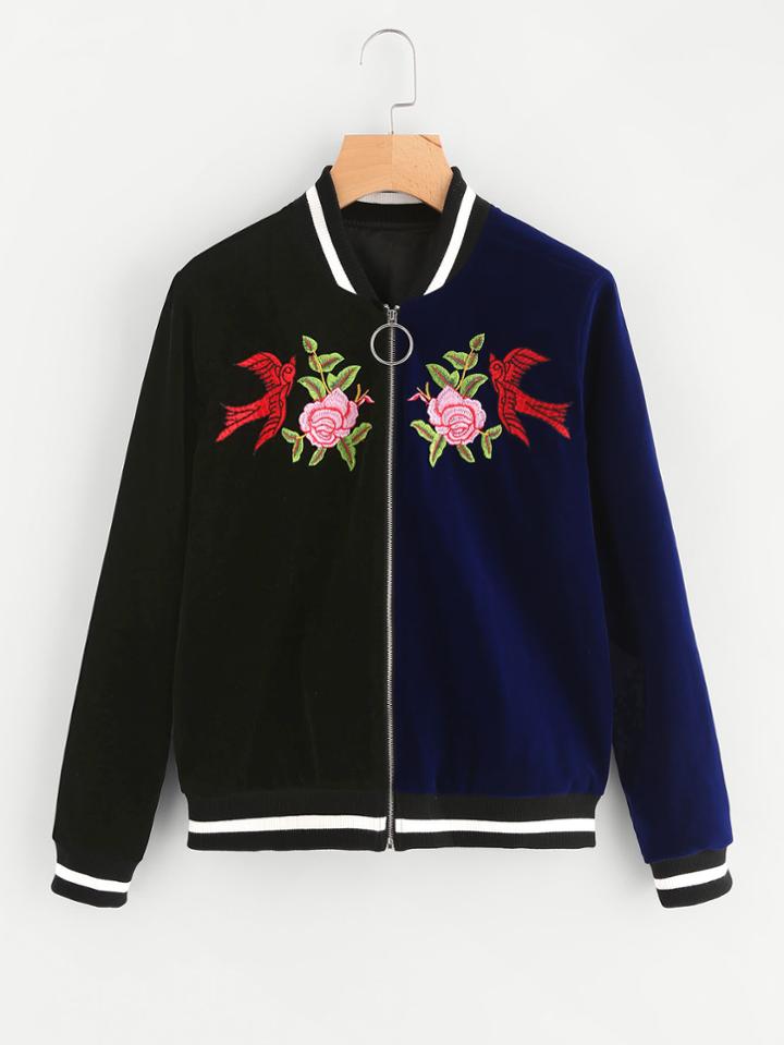 Shein Striped Trim Embroidered Velvet Bomber Jacket