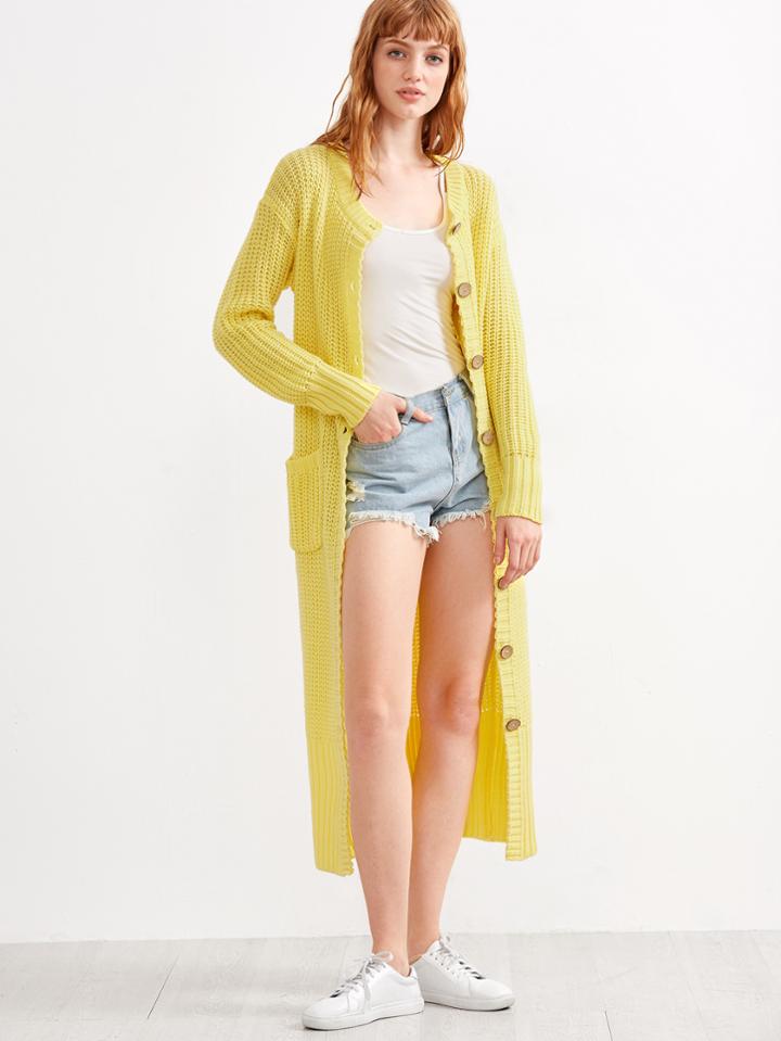 Shein Yellow Button Front Pocket Long Sweater Outwear