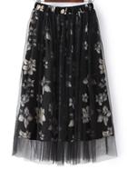 Shein Black Flower Print Mesh Pleated Skirt