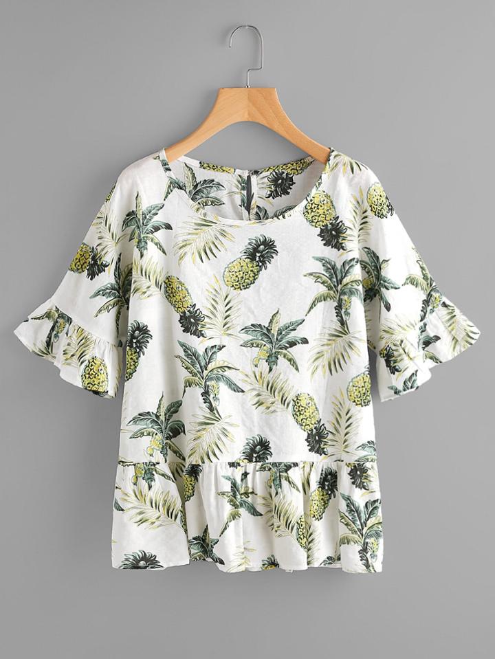 Shein Random Jungle Print Frill Trim Blouse