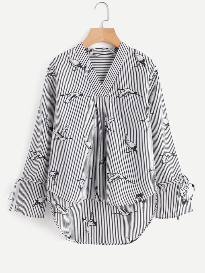 Shein All Over Cranes Print Dip Hem Striped Blouse