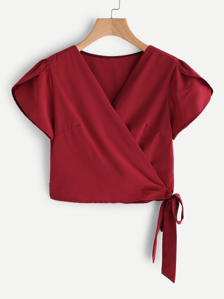 Shein Petal Sleeve Knotted Hem Crop Top